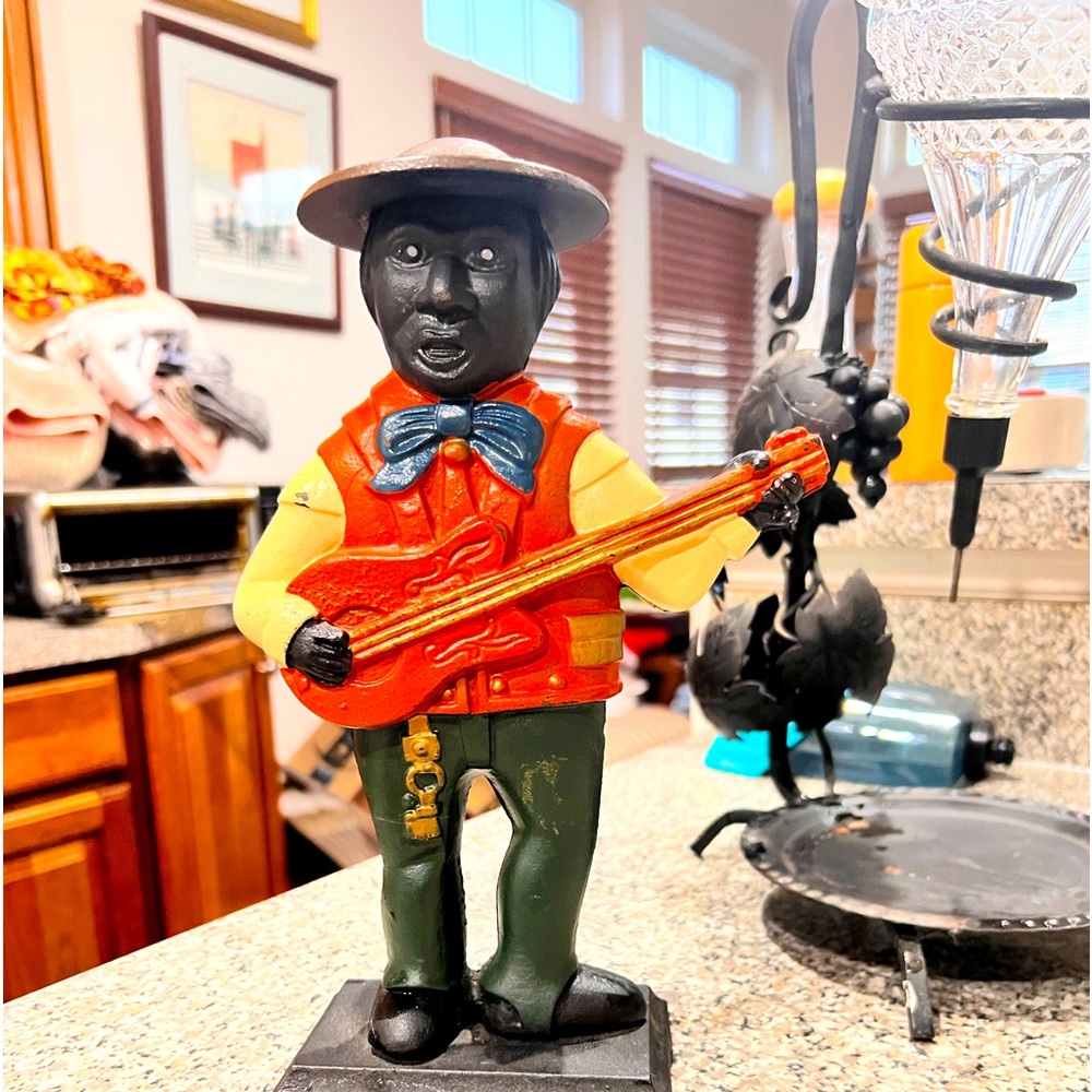 Antique Cast Iron Still Bank Black Americana Man With Guitar